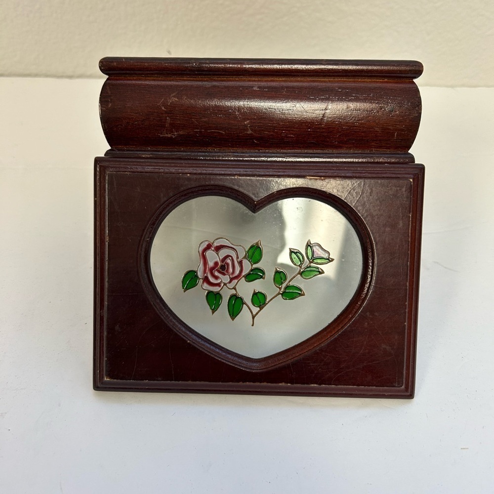 Vintage Wooden Stained Glass Jewelry Trinket Storage Box / Roses